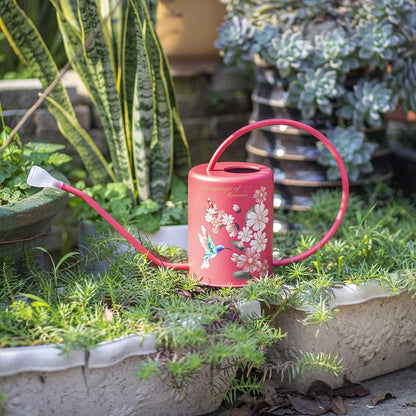 Yowon 1/2 Gallon 68oz Long Spout Stainless Steel Flower and Hummingbird Pattern Watering Can for Indoor Plant Watering or Outdoor Gardening with 2 Removable Spray Spout for Flowers Plant,Red,YW0414RP