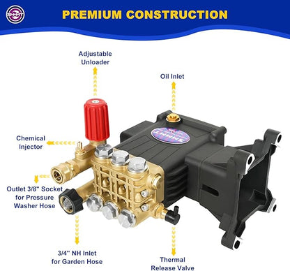 Pressure Washer Pump Max 4400 PSI 4 GPM, 1" Shaft Horizontal Gas Power Washer Pump Replacement, Direct Drive Triplex Plunger Replacement Pump with Pressure Adjustment Unloader, 5 Nozzle Tips