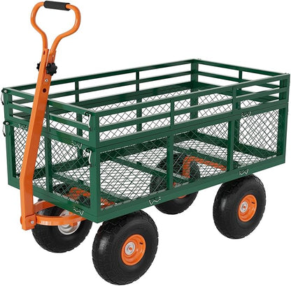Versatile Garden Cart for Lawn and Yard with Heavy Duty Steel, 1400 Lbs Capacity Mesh Steel Garden Cart Folding Utility Wagon with Removable Side Panels, Long Handle, 10" Tires - Green and Orange