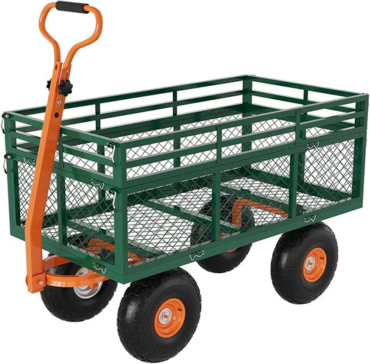 Versatile Garden Cart for Lawn and Yard with Heavy Duty Steel, 1400 Lbs Capacity Mesh Steel Garden Cart Folding Utility Wagon with Removable Side Panels, Long Handle, 10" Tires - Green and Orange