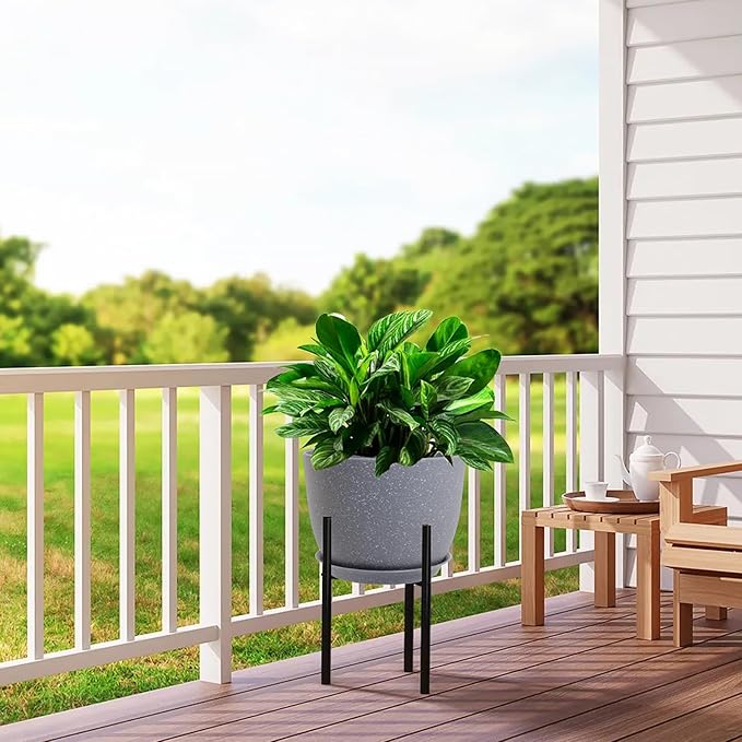 12inch Large Plant Pot, Modern Plastic Planter with High Driange Holes and Saucer for Indoor Outdoor Garden Plants and Flowers, Grey Speckles