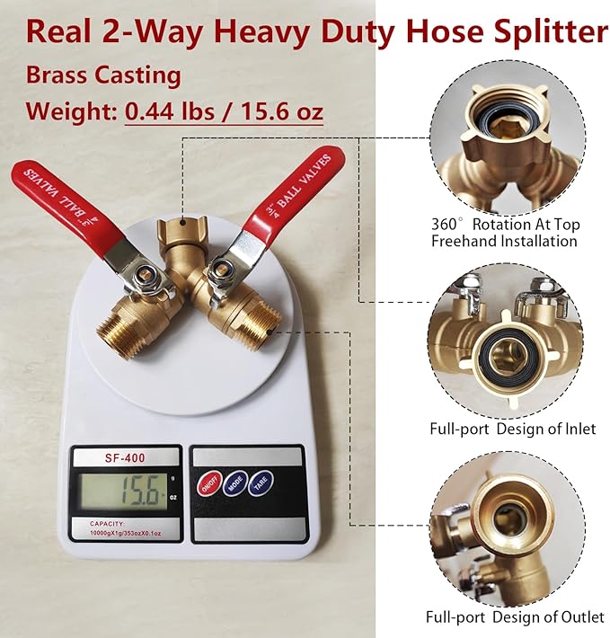 Garden Hose Splitter 2 Way,Brass Water Hose Splitter with Stainless Steel Long Handle,Outdoor Full Flow Hose Splitter Connector,Y Valve 3/4 Inch GHT Thread (Splitter 2-Way (2 pce))