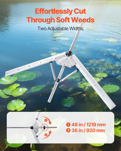 VEVOR Lake Weed Cutter, Pond Aquatic Plant Cutting Tool with 48 in Max. Cut Width, Sharp and Heavy-Duty Steel Blades, Pond Rake with 30 ft Throw Rope, for Cattail, Phragmites, Lilly Pads & Chara