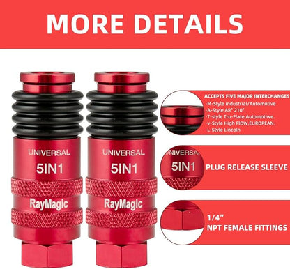RayMagic Upgraded 5IN1 Universal Quick Industrial Connect Coupler, 1/4" Female NPT, Air Hose Fittings, 6-Balls Release Sleeve, 1/4" Body Size, Red(1-Piece)