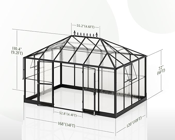 Jocisland 14x9.5x9 FT Outdoor Aluminum Greenhouse with Quick Connect Fittings, 6 FT Height Double Doors with Hook, Polycarbonate Walk-in Greenhouse for Backyard, Black