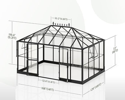 Jocisland 14x9.5x9 FT Outdoor Aluminum Greenhouse with Quick Connect Fittings, 6 FT Height Double Doors with Hook, Polycarbonate Walk-in Greenhouse for Backyard, Black