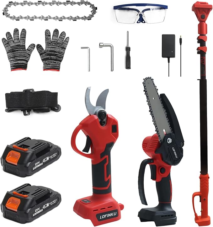 3-in-1 Electric Pruner Kit for Tree Trimming & Garden Work, Cordless Chainsaw & Shears with 8ft Telescopic Pole, 6-Inch Blade, 2 Batteries, SK5 Steel, Red – Ideal for Seasonal Yard Maintenance