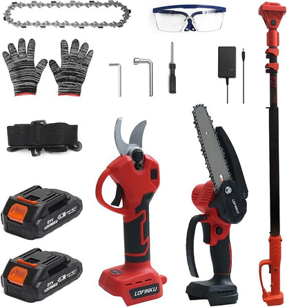 3-in-1 Electric Pruner Kit for Tree Trimming & Garden Work, Cordless Chainsaw & Shears with 8ft Telescopic Pole, 6-Inch Blade, 2 Batteries, SK5 Steel, Red – Ideal for Seasonal Yard Maintenance