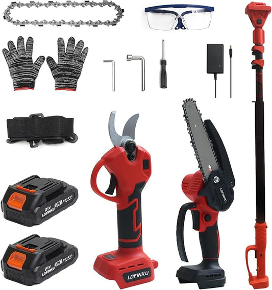3-in-1 Electric Pruner Kit for Tree Trimming & Garden Work, Cordless Chainsaw & Shears with 8ft Telescopic Pole, 6-Inch Blade, 2 Batteries, SK5 Steel, Red – Ideal for Seasonal Yard Maintenance