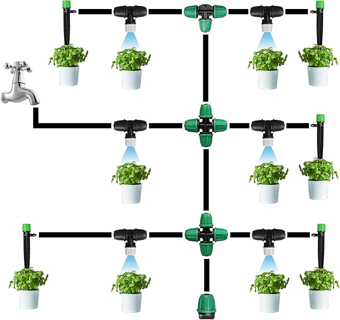 Upgraded Micro Spray Irrigation Drippers, 25 Pieces Three-Way Atomizing Nozzle Fitting for 1/4 Inch Tubing Lock Barbed Drip Line Parts Emitters for Garden Greenhouse Sprinkler Misting System