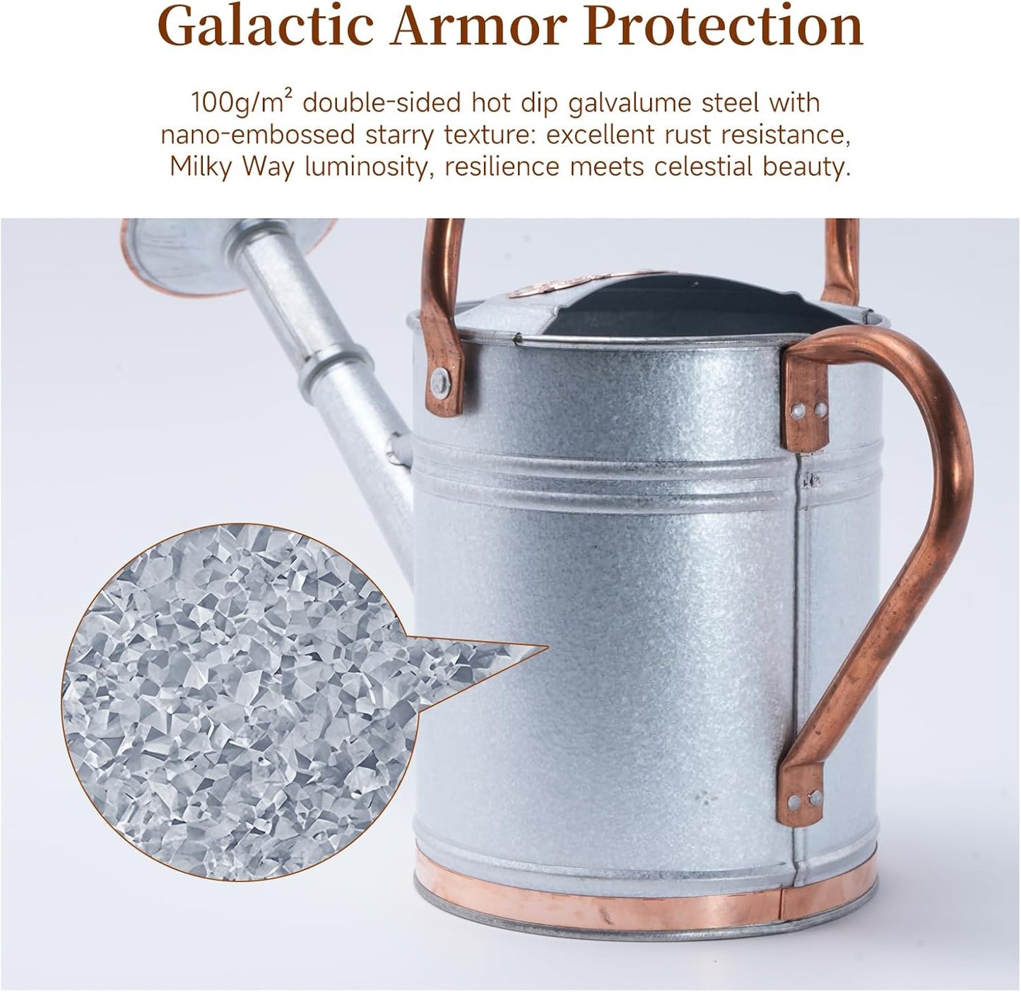 1 Gallon Galvalume Metal Watering Can with Solid Brass Sprout, Handle & Base Trim - Genuine Forged Copper Joints for Indoor/Outdoor Plants, Garden, Balcony for Kids and Adults (Stardust & Vermilion)