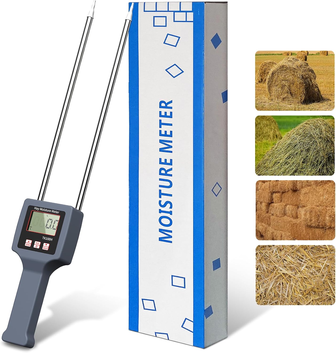 Hay Moisture Tester with Probe Accurate Moisture & Temperature Detection, Portable Hay Bale Moisture Tester for Forage and Alfalfa, with LED Warning & Automatic Temperature Compensation Moisture Meter