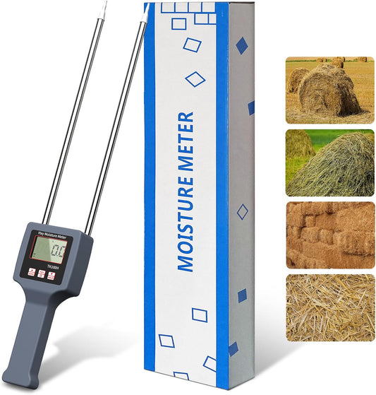 Hay Moisture Tester with Probe Accurate Moisture & Temperature Detection, Portable Hay Bale Moisture Tester for Forage and Alfalfa, with LED Warning & Automatic Temperature Compensation Moisture Meter