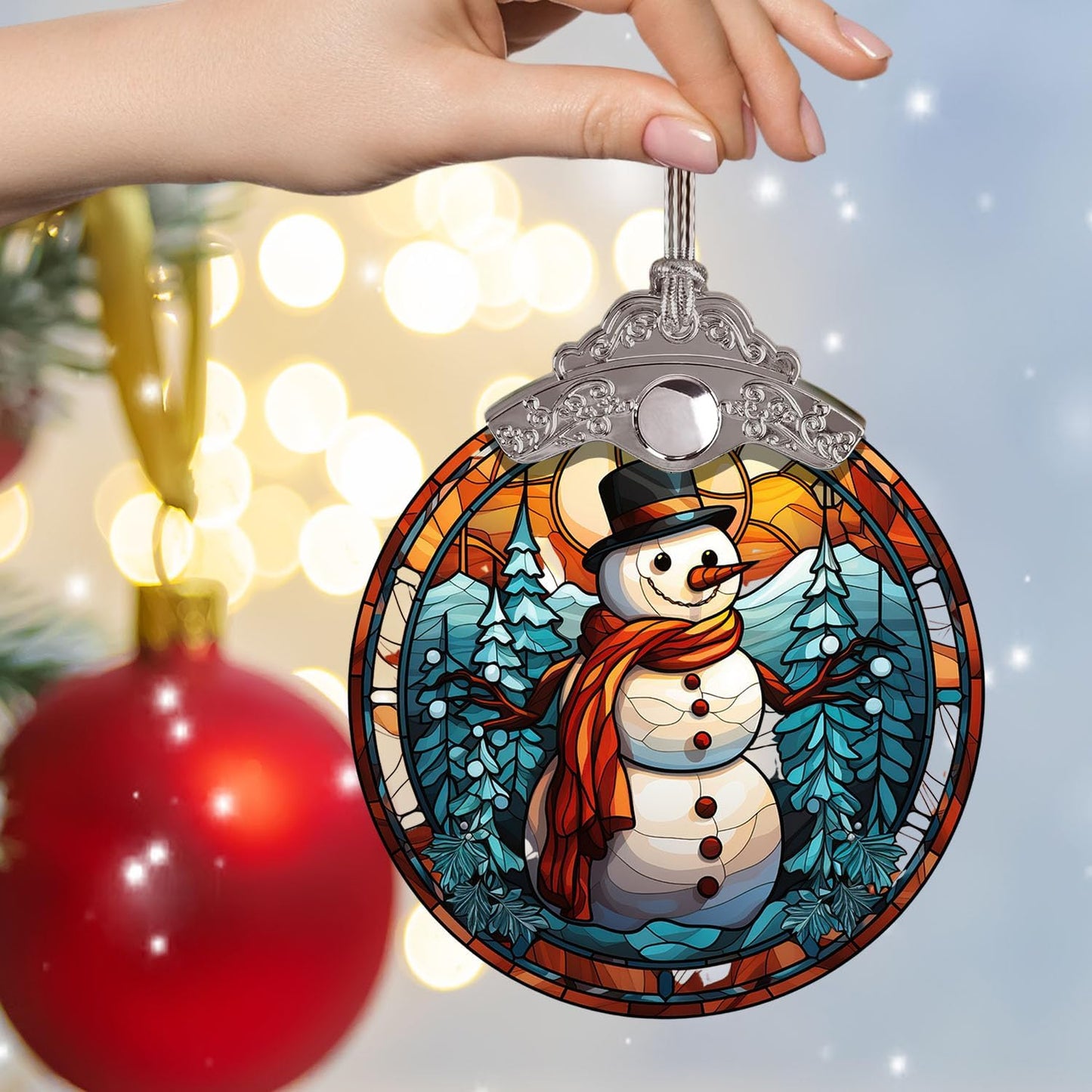 Pine Tree Forest Christmas Snowman Stained Glass Ornament, Holiday Decor for Xmas