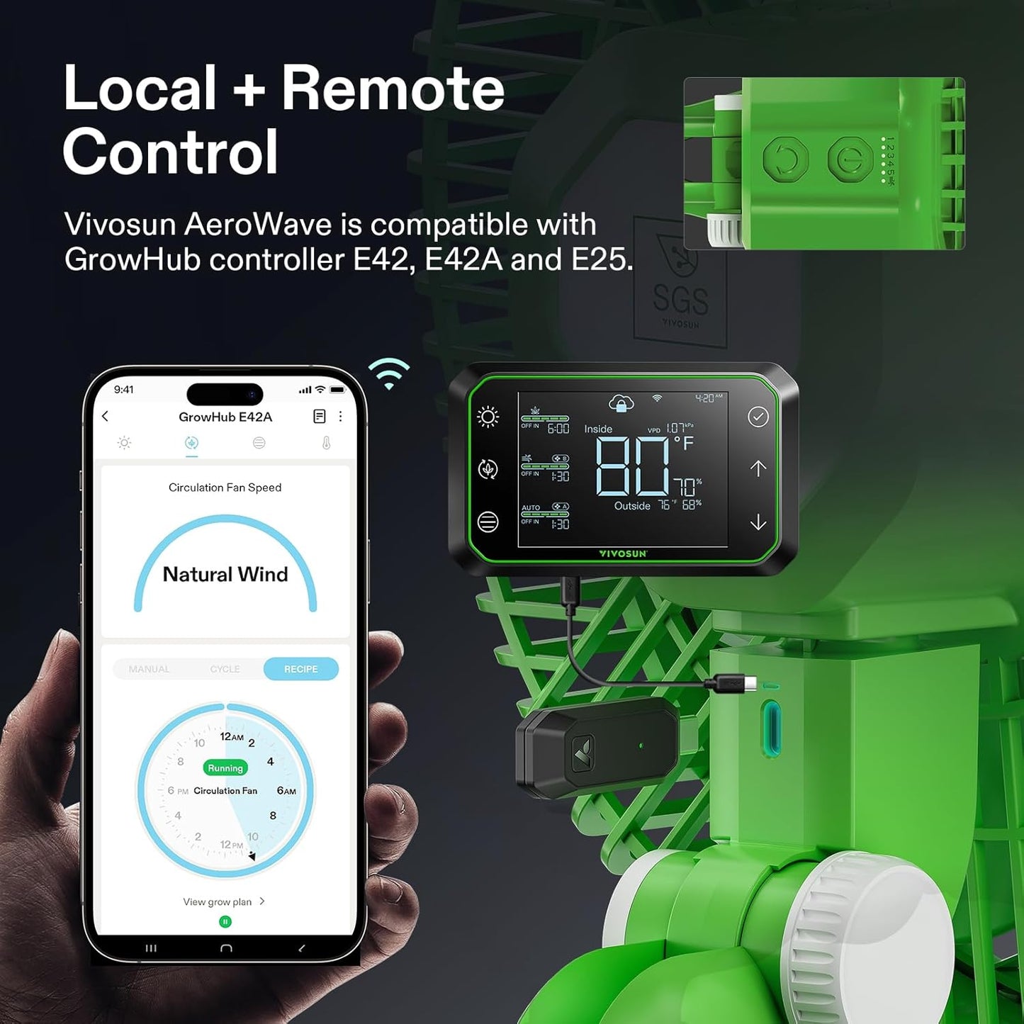 VIVOSUN AeroWave E9 Grow Tent Fan 9”, EC Motor, WiFi-Controllable, US Patented Auto Oscillating Clip fan, IP54 Weatherproof, Strong Airflow & Quiet for Hydroponic Ventilation Circulation, Green