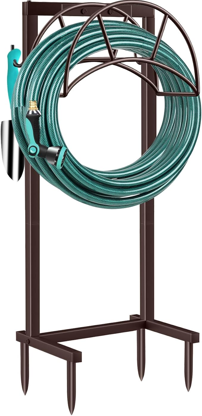 TomCare Garden Hose Holder Upgraded 4 Spikes Water Hose Holder with 2 Tool Hooks Sturdy Hose Reel Holds 150ft Hose Freestanding Hose Stand Hose Hanger Hose Storage for Outside Yard Lawn, Bronze