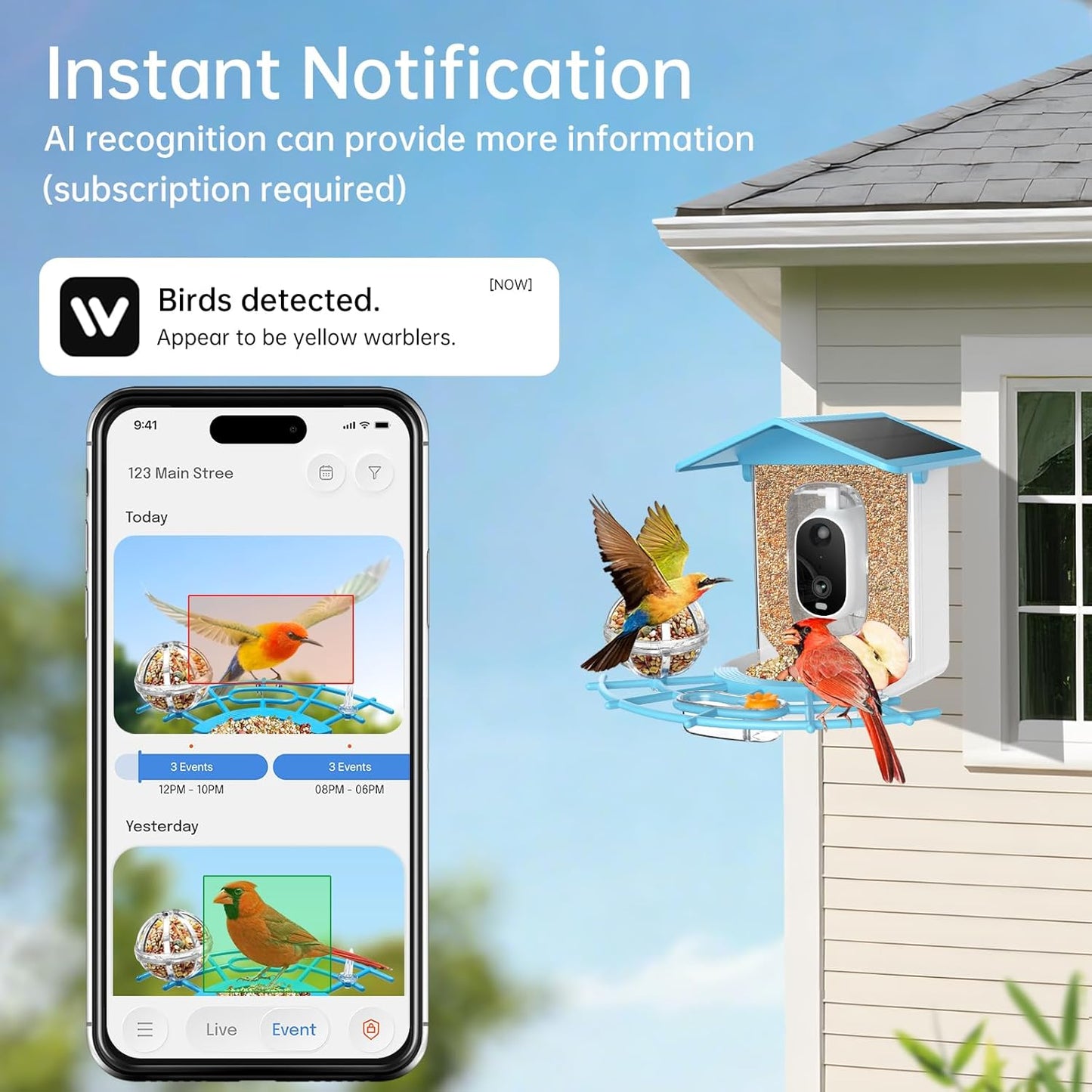 Smart Bird Feeder with Camera Solar Panel, Battery Powered 3MP HD Video Monitoring AI Recognition of 10,000+ Species Color Night Vision,Outdoor Waterproof,for Bird Watching