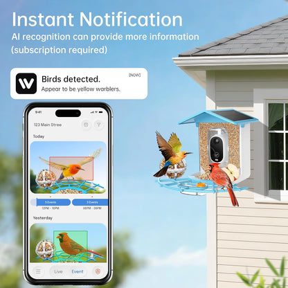 Smart Bird Feeder with Camera Solar Panel, Battery Powered 3MP HD Video Monitoring AI Recognition of 10,000+ Species Color Night Vision,Outdoor Waterproof,for Bird Watching