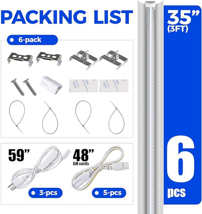 Barrina LED Grow Lights, Full Spectrum, 180W(6 x 30W, 1000W Equivalent), 3ft Grow Light Strips, T8 Grow Light Bulbs, Plant Lights for Indoor Plants, Greenhouse, Pinkish White, Linkable Design, 6-Pack