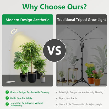 Full Spectrum Grow Light with Stand for Indoor Plants, Floor Plant Light, 6/12/18H Timer, 3 Color Modes, Adjustable Height 16.5–68in, for Large Plants & Home Décor(Tri-Head,White)