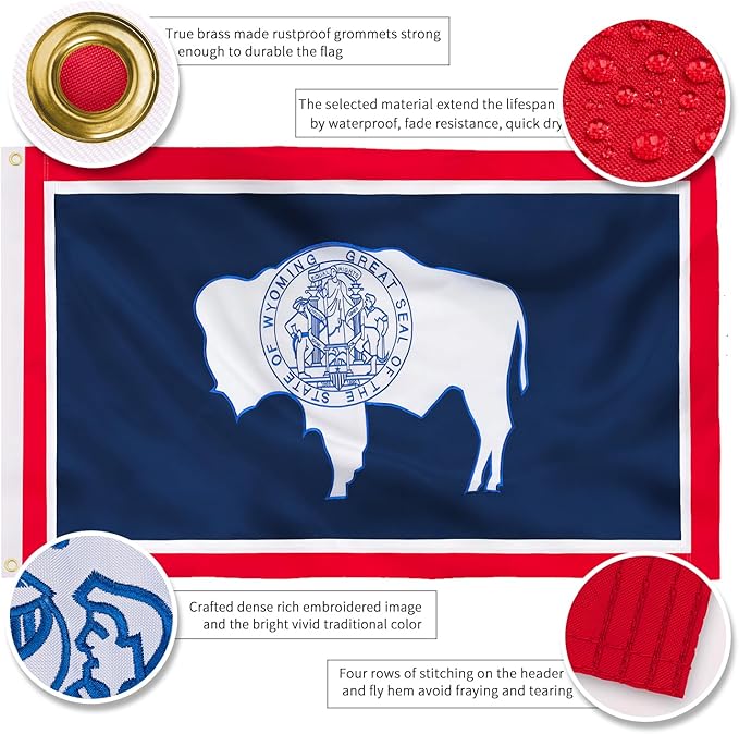 XIFAN Premium Wyoming State Flag 3x5 ft Outdoor, Double Sided Embroidered Bison, Heavy Duty 210D Nylon WY Flags, the Strongest Longest Lasting for Outside with Sewn Stripes/Brass Grommets