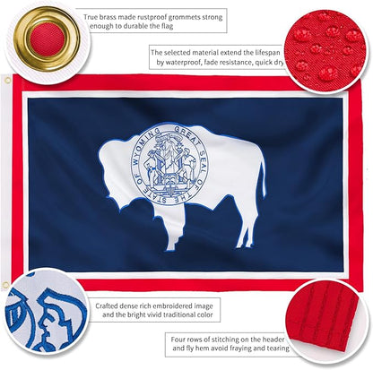XIFAN Premium Wyoming State Flag 3x5 ft Outdoor, Double Sided Embroidered Bison, Heavy Duty 210D Nylon WY Flags, the Strongest Longest Lasting for Outside with Sewn Stripes/Brass Grommets