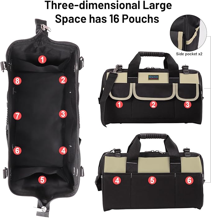 Tool Bag, Ounic 20 Inch Large Tool Bags Heavy Duty With Wide Mouth and Waterproof Strong Molded Base, Heavy Duty Tool Bag Organizer with Adjustable Shoulder Strap Specially Designed for Various Tools