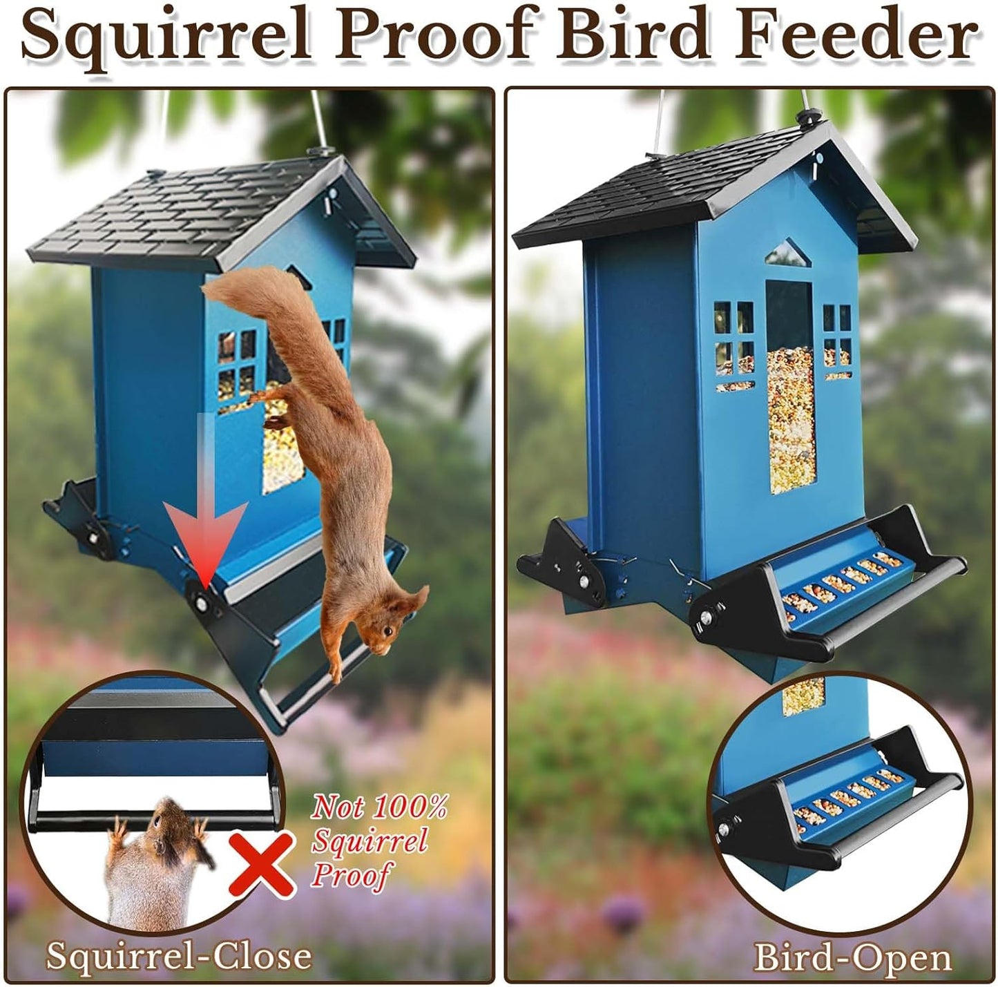 Squirrel Proof Bird Feeder, Bird Feeders Hanging for Outdoors 6 Lbs Seed, Wild Metal Birdfeeder for Small Birds, Cardinal, Outside, Garden (Blue)