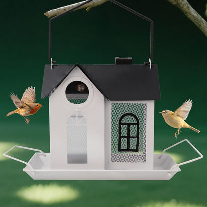 Solar Bird Feeder for Outdoors – White Metal Hanging Bird Feeder with Solar Light, Decorative Bird House Feeder for Cardinals, Finches, and Wild Birds, Weatherproof Backyard Garden Decor