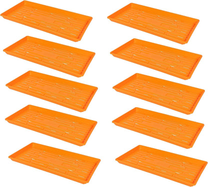 SUNPACK 10" x 20" Heavy Duty Shallow Plastic Seed Starting Tray, Orange, 1" (Pack of 10) - Lined with Drainage Holes for Excess Water and Aeration, Ideal for Greenhouses or Indoor Gardening