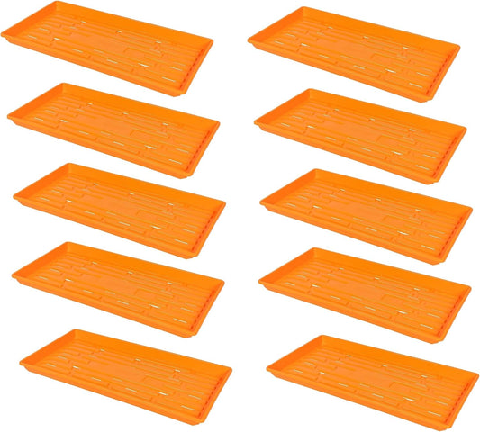 SUNPACK 10" x 20" Heavy Duty Shallow Plastic Seed Starting Tray, Orange, 1" (Pack of 10) - Lined with Drainage Holes for Excess Water and Aeration, Ideal for Greenhouses or Indoor Gardening