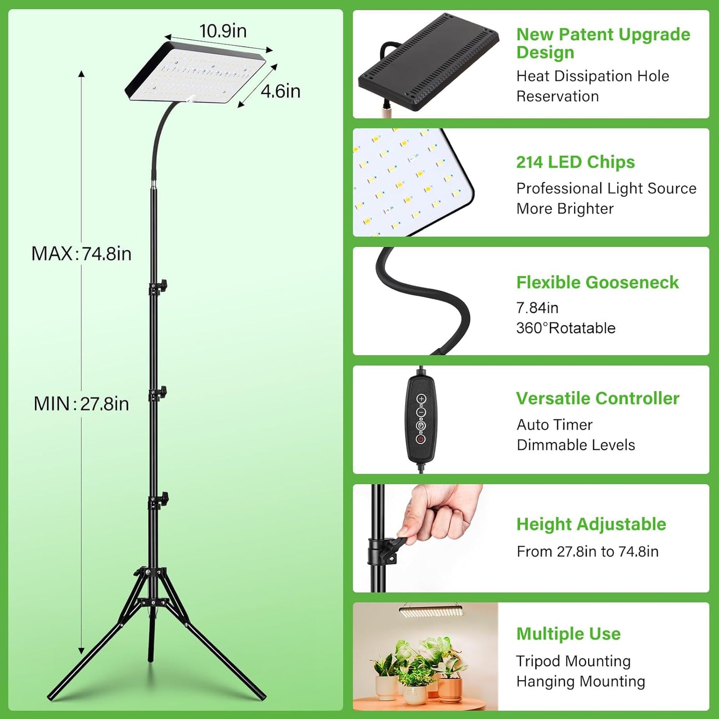 LBW Grow Lights for Indoor Plants Full Spectrum with Stand,214 LEDs Standing Plant Lights for Indoor Growing,Floor Grow Plant Lamp with 4/8/12H Timer,6 Brightness Levels,75" Adjustable Tripod