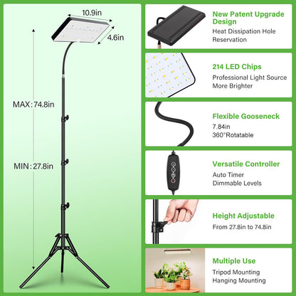 LBW Grow Lights for Indoor Plants Full Spectrum with Stand,214 LEDs Standing Plant Lights for Indoor Growing,Floor Grow Plant Lamp with 4/8/12H Timer,6 Brightness Levels,75" Adjustable Tripod