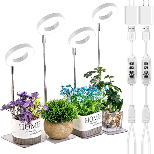 Brightown Plant Grow Light, LED Growing Light for Indoor Plants, 2 Pack 2-Head Adjustable Height Growing Lamp with Timer, 3 Dimmable Brightness Levels, Low Safe Voltage, Perfect for Small Plants