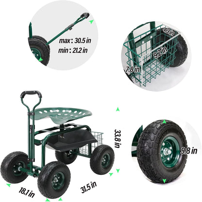 BESTHLS Garden Cart with Seat on Wheels Rolling Gardening Stool with Wheels Heavy Duty for Planting with 360 Degree Swivel Seat Steering Handle & Utility Tool Tray