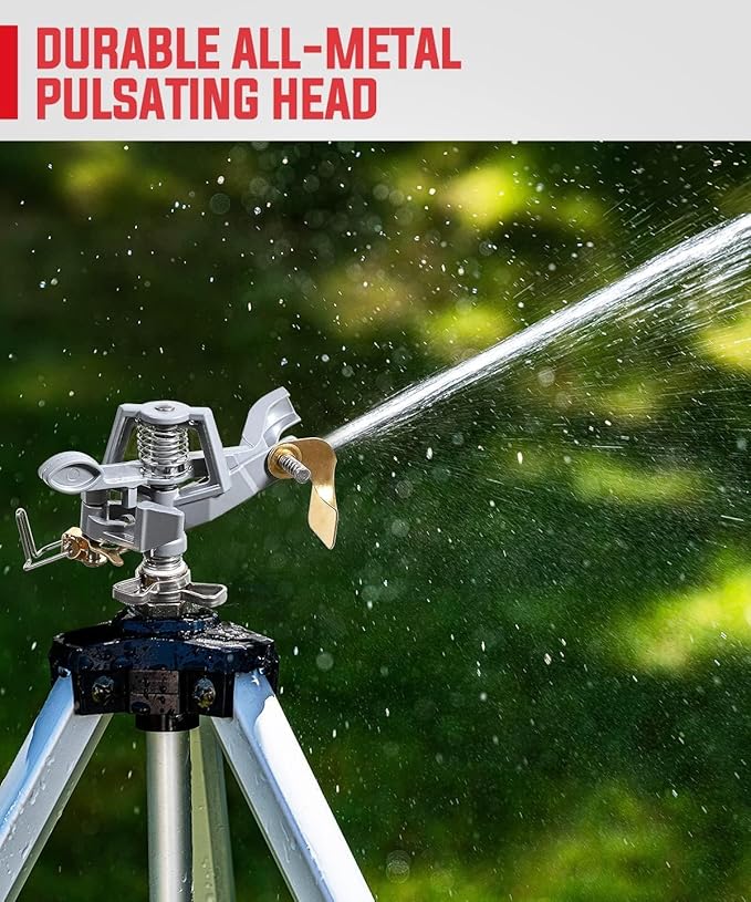 YAMATIC Impact Sprinkler on Tripod Base, 50-inch Heavy Duty Metal Sprinkler for Yard, 360 Degree Rotating Zinc Head for Large Area, 3/4" Brass Connector, Extension Legs Flip Locks, Spray up to 20-90ft