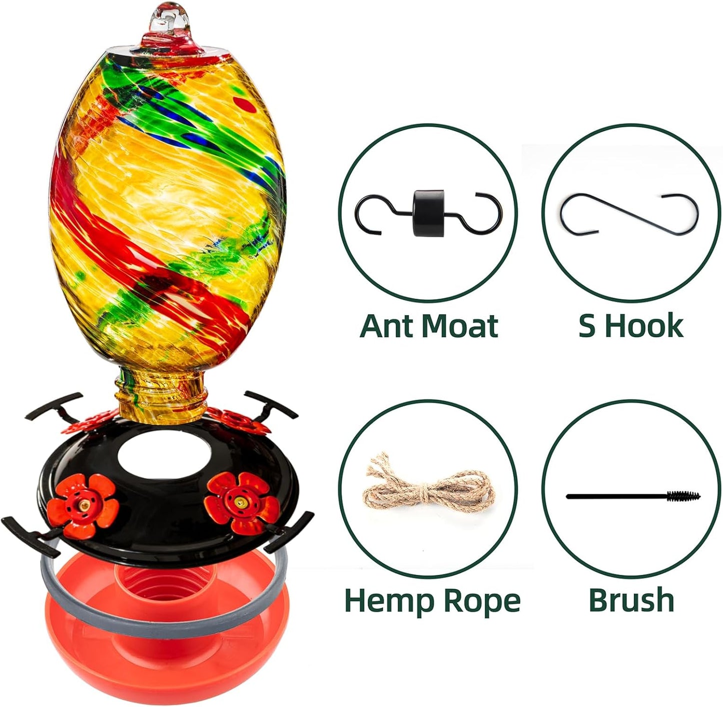 Muse Garden Hummingbird Feeders for Outdoors Hanging, Blown Glass Feeder - Gifts for Mom, Garden Backyard Decor, Unique Idea Women Mothers Day, 27OZ, Ribbon