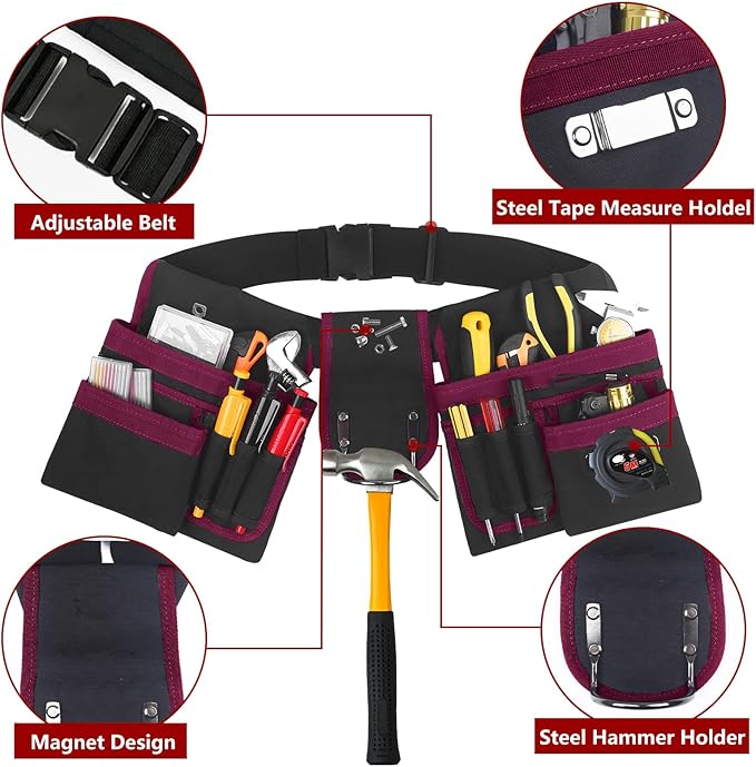 Tool Belt With Suspenders, 24 Pockets Tool Bag with Magnetic Wristband, Detachable Tool Pouch Bag, Adjustable Waists for Men Electrician Carpenter Construction (Red)