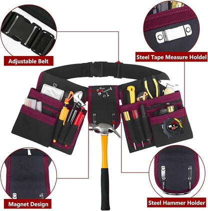 Tool Belt With Suspenders, 24 Pockets Tool Bag with Magnetic Wristband, Detachable Tool Pouch Bag, Adjustable Waists for Men Electrician Carpenter Construction (Red)