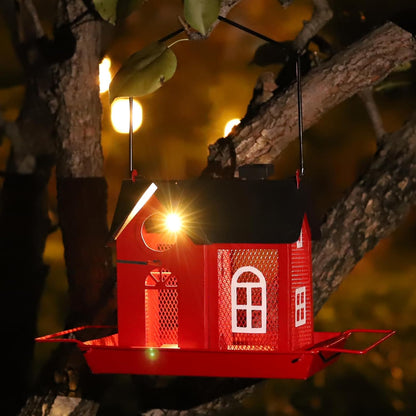 Solar Bird Feeder House for Outdoors – Red Metal Hanging Bird Feeder with Solar Light, Decorative Bird House Feeder for Cardinals, Finches, and Wild Birds, Weatherproof Backyard Garden Decor