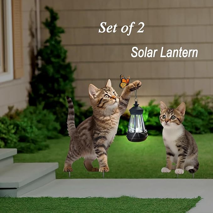 Garden Metal Cat Stake with Solar Light, Outdoor Solar Decoration, Cat Handheld Lantern for Outdoor Garden Lawn Patio, Set of 2