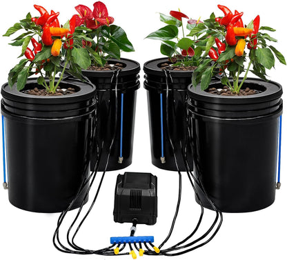 Hydroponics Growing System Kit with Top Drip 5 Gallon 4-Bucket Recirculating DWC Hydroponic System Kit Not Easy to Leak for Growing Plants Indoors and Outdoors (4-Bucket+Top Drip)