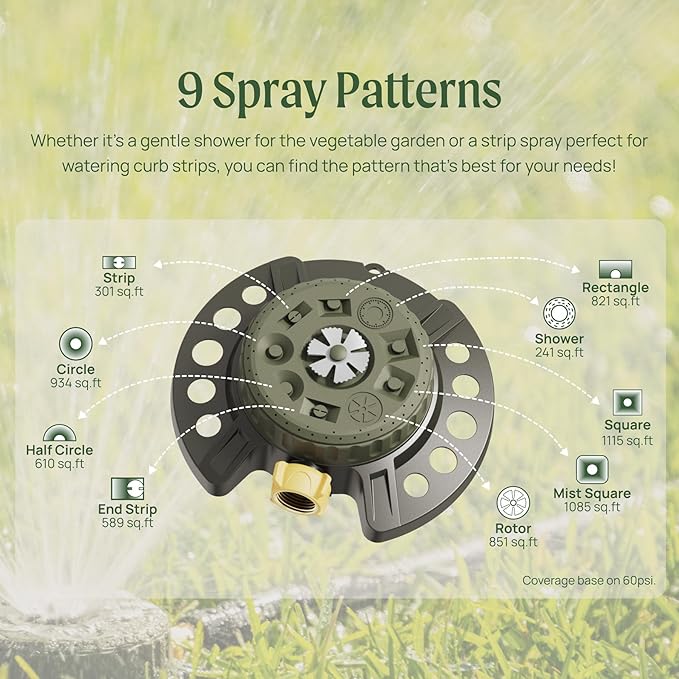 Vego Turret Pattern Sprinkler, 9-Pattern, Heavy-Duty Metal Base, Up to 1115 sq. ft Coverage