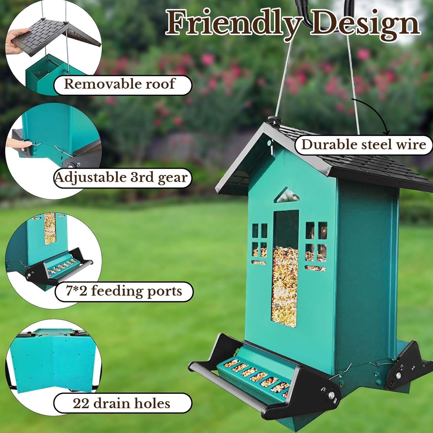 Squirrel Proof Bird Feeder for Outside, Bird Feeders for Outdoors Hanging 5 Lbs Seed, Wild Bird Feeder Large Capacity (Green)