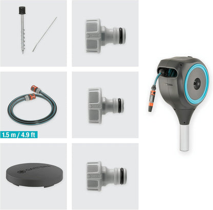 GARDENA 18604 | 50' x 1/2" Automatic Retractable Garden Hose Reel for Outside Use on Metal Spike With Easy Swivel for Simple Watering of Gardens and Grass. Easy Installation in Ground