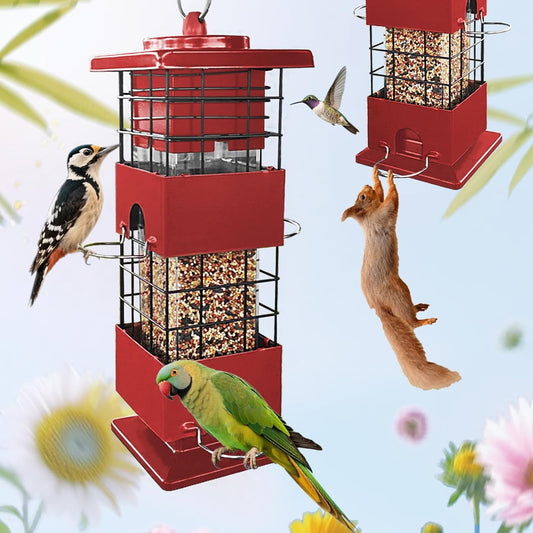 Squirrel Proof Bird Feeder,3Lbs Heavy Duty Metal Bird Feeders for Outdoors Hanging, Gravity-Close Door & Weatherproof Wild Birds Seed Feeder for Cardinal, Finch, Sparrow (Red)