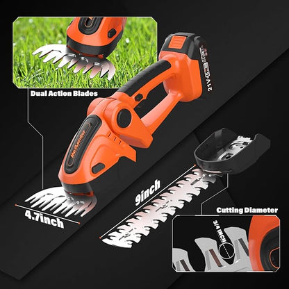MAXLANDER Cordless Grass Shears & Hedge Trimmer, 2-in-1 Handheld Grass Trimmer/Shrubbery Trimmer, 21V Battery Operated Hedge Trimmer for Garden/Lawn with Battery and Charger