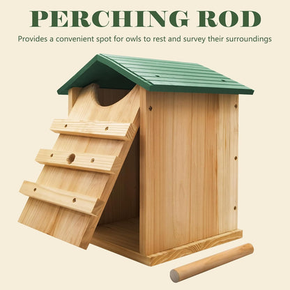 Prolee Owl House 14 x 10 Inch with Bird Stand Design, Owl Box 100% Cedar Wood with Mounting Screws and A Bag of Wood Shavings, Owl Houses for Outdoors Easy Assembly Required