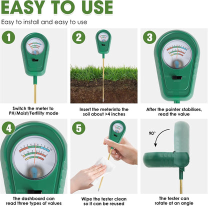 Soil Test Kit, 3 in 1 Soil Moisture Meter/Soil pH Meter/Fertility for Gardening - No Battery Required Large Dial Soil PH Meter Garden, Lawn, Farm, Indoor & Outdoor