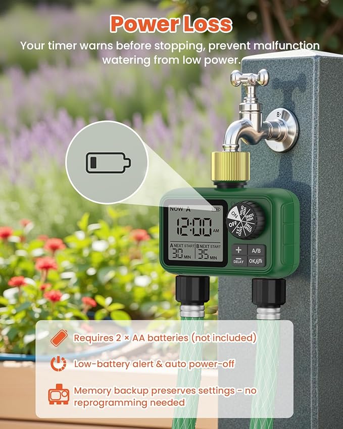 2 Outlet Sprinkler Timer Brass, XinFuture Programmable Water Sprinkler Controller for Yard, Lawn & Greenhouse, Automatic/Manual/Rain Delay Mode, Compatible with Drip Irrigation Systems